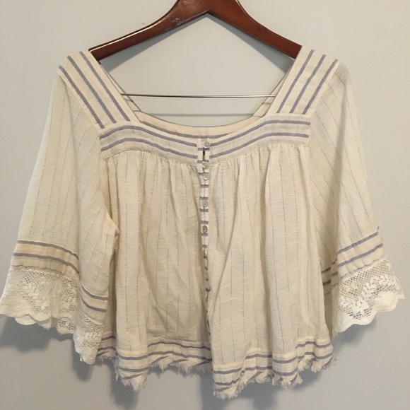 Free People See Saw Top with glitter thread Boho Peasant Lace Trim Top Small - Picture 3 of 5